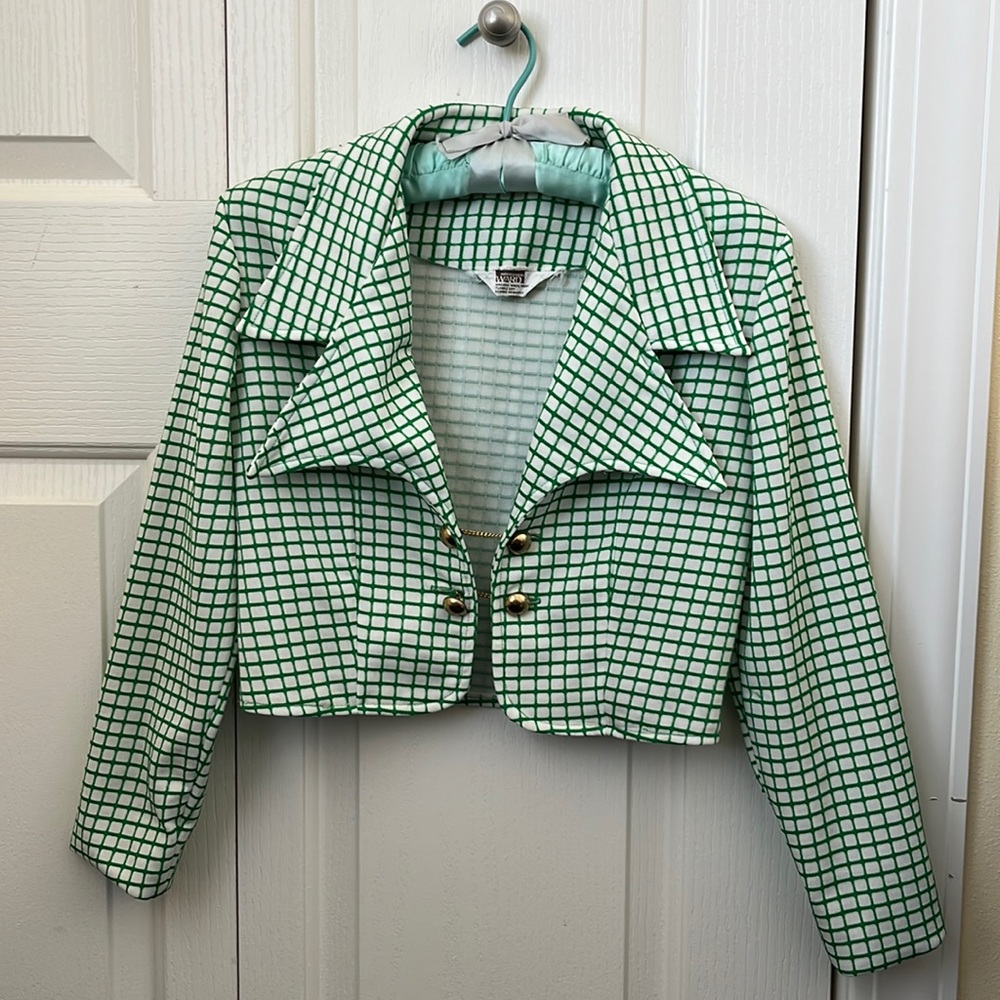 Vintage ‘70s Montgomery Ward Blouse/Cropped Jacket, Green and White